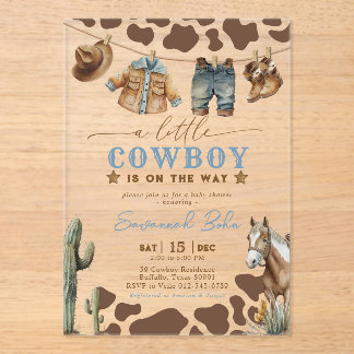 Little Cowboy Baby Shower Baby Clothes Watercolor アクリル招待状