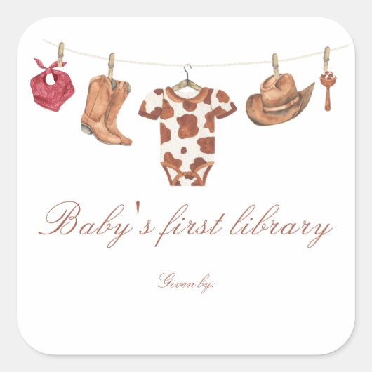 Little Cowboy Baby shower - baby's first library スクエアシール (正面)