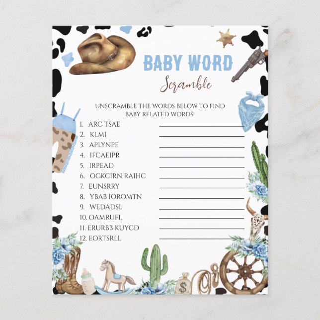 Little Cowboy Baby Shower Word Scramble Game (正面)