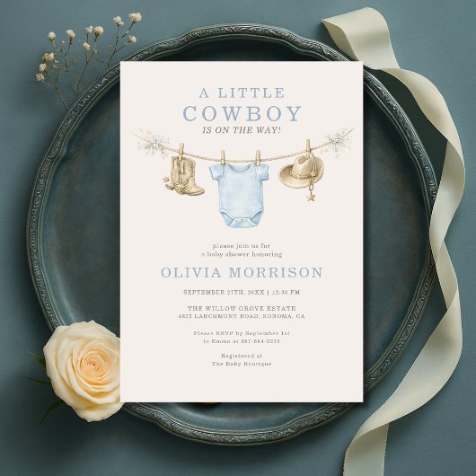Little Cowboy Blue Clothesline Boy Baby Shower 招待状