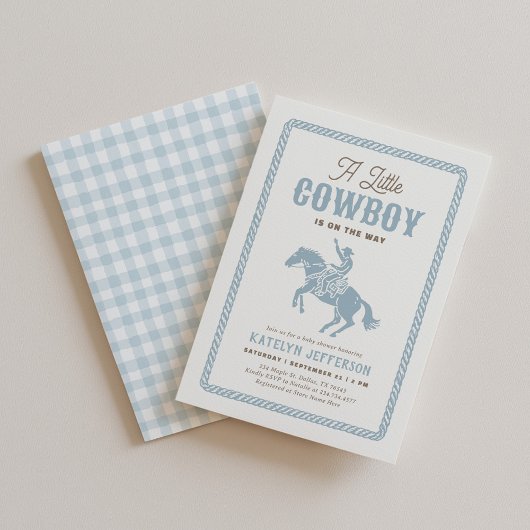 Little Cowboy Blue Gingham Baby Shower 招待状