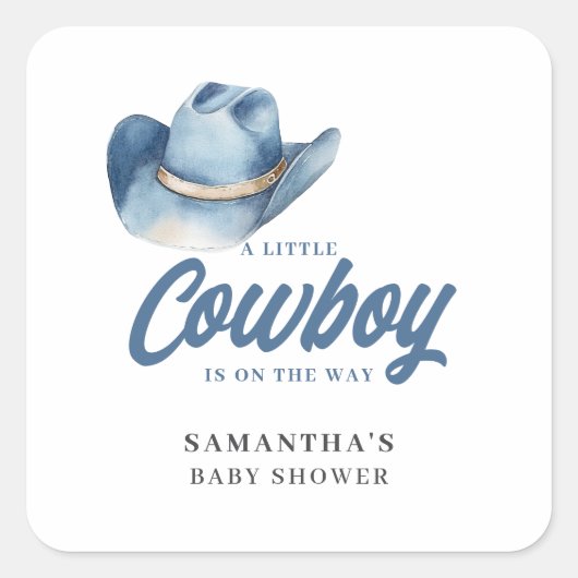 Little Cowboy Blue Western Boy Baby Shower スクエアシール (正面)