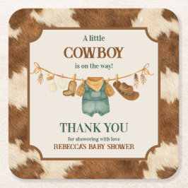 Little Cowboy Cow Western Clothesline Baby Shower スクエアペーパーコースター