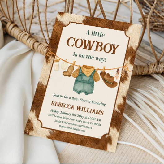 Little Cowboy Cow Western Clothesline Baby Shower 招待状
