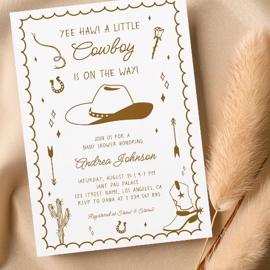 Little Cowboy Hand Drawn West Western Baby Shower 招待状