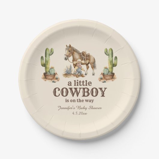little cowboy on the way, boy baby shower  ペーパープレート (正面)