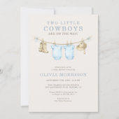Little Cowboy Twins Clothesline Boy Baby Shower 招待状 (正面)