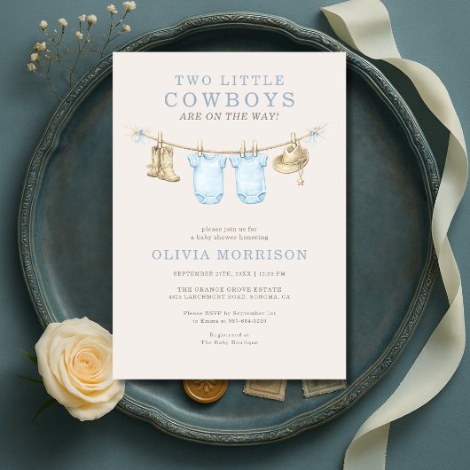 Little Cowboy Twins Clothesline Boy Baby Shower 招待状
