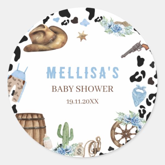 Little Cowboy Western Blue Baby Shower ラウンドシール (正面)
