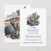 Little Cowboy Western Blue Boy Baby Showerへようこそ サンキューカード (正面/裏面)