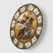 Little Cowgirl and Baby Calf Rustic Farmhouse ラージ壁時計 (傾斜)