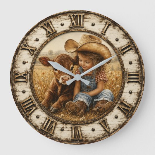 Little Cowgirl and Baby Calf Rustic Farmhouse ラージ壁時計 (正面)
