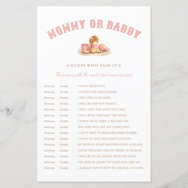 Little Cowgirl Baby Shower Game Guess Who Said It (正面)