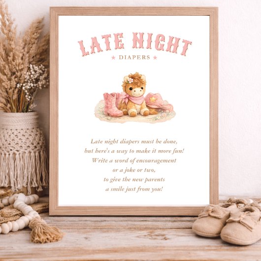Little Cowgirl Pink Baby Shower Late Night Diapers ポスター