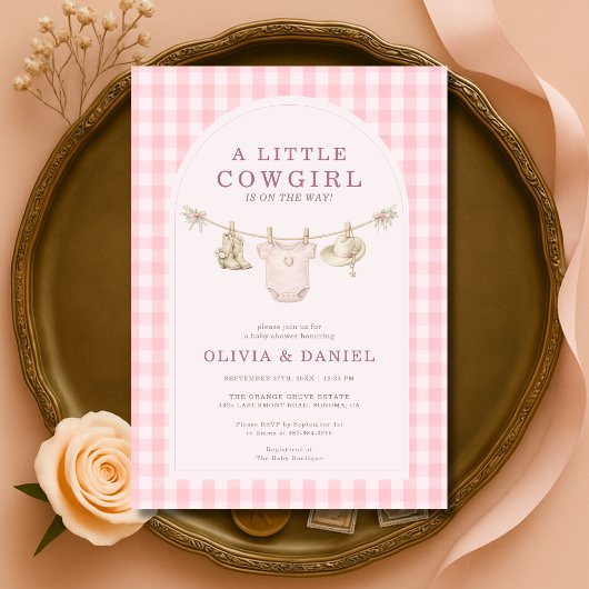 Little Cowgirl Pink Clothesline Plaid Baby Shower 招待状