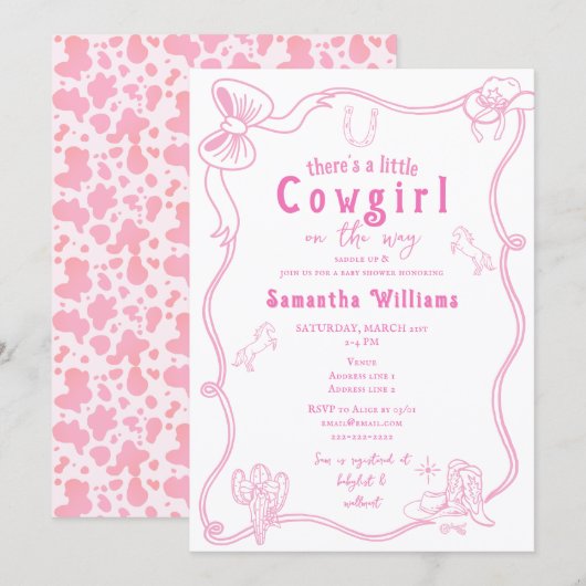 Little Cowgirl Pink Girl Baby Shower 招待状 (正面/裏面)