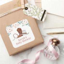 Little Cowgirl Western Floral Girl Baby Shower スクエアシール