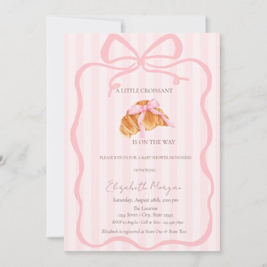 Little Croissant Pink Bow Pink Stripes Baby Shower 招待状 (正面)