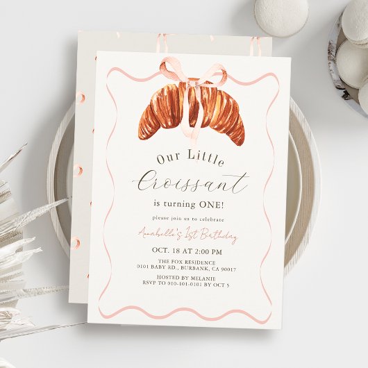 Little Croissant Pink Bow Ribbon Girl 1st Birthday 招待状