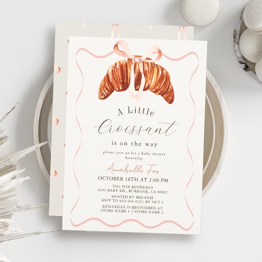 Little Croissant Pink Bow Ribbon Girl Baby Shower 招待状