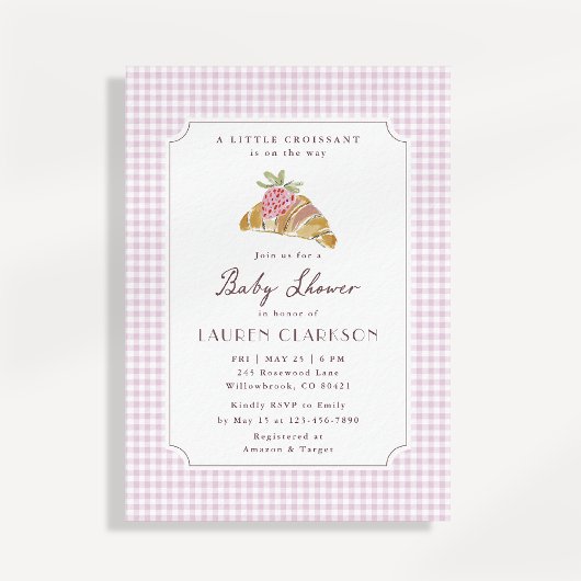 Little Croissant Pink Gingham French Baby Shower 招待状