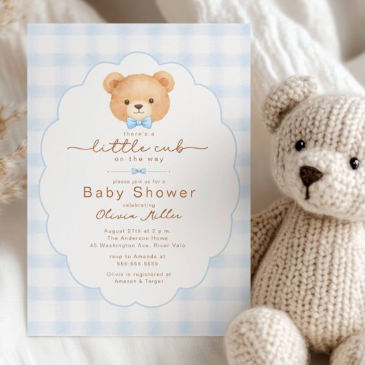 Little Cub Blue Gingham Baby Shower Invite 招待状