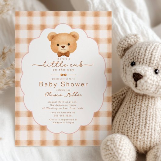 Little Cub Neutral Gingham Baby Shower 招待状