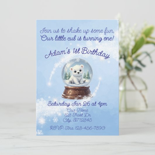 Little Cub One, Polar Bear Snow Globe Birthday 招待状 (スタンド正面)