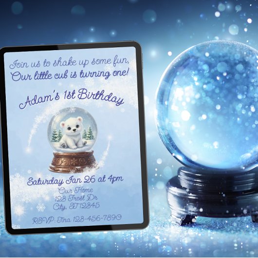 Little Cub One, Polar Bear Snow Globe Birthday 招待状