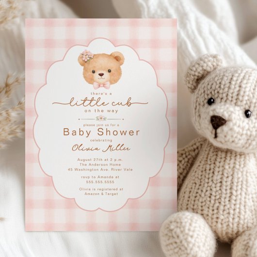 Little Cub Pink Gingham Baby Shower Invite 招待状