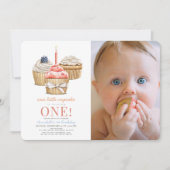 Little Cupcake Girl 1st Birthday Photo 招待状 (正面)