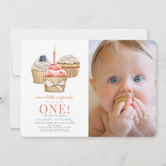 Little Cupcake Girl 1st Birthday Photo 招待状 (正面)