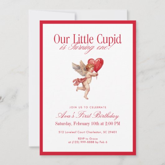 Little Cupid First Birthday Valentine 招待状 (正面)