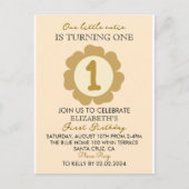 Little Cutie ゴールド フラワー 1歳の誕生日招待状C ポストカード (正面)