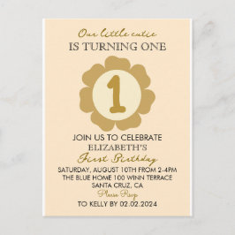 Little Cutie ゴールド フラワー 1歳の誕生日招待状C ポストカード