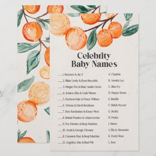 little cutie baby shower celebrity baby name game  (正面/裏面)