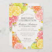 Little Cutie Citrus Floral Orange Birthday Party 招待状 (正面/裏面)