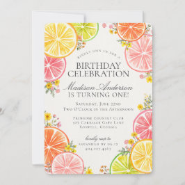 Little Cutie Citrus Floral Orange Birthday Party 招待状