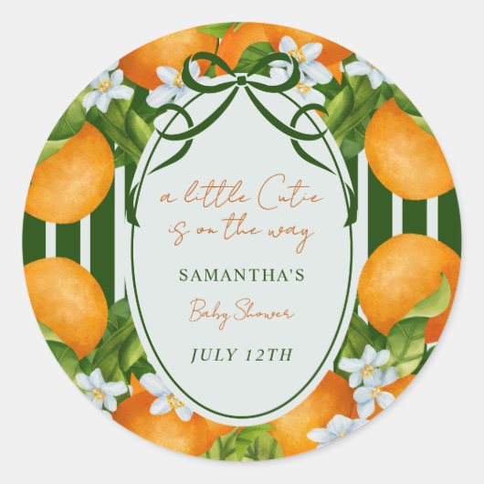 Little Cutie Citrus Oranges Stripes Baby Shower  ラウンドシール (正面)