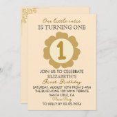 Little Cutie Gold Floral 1st Birthday Invitation C 招待状 (正面/裏面)
