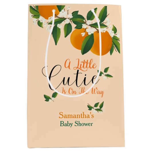 Little Cutie On The Way Orange Baby Shower ミディアムペーパーバッグ (正面)
