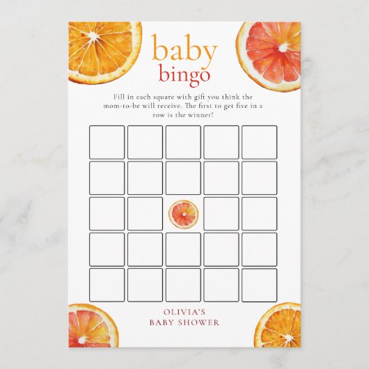 Little Cutie Orange Bingo Baby Shower Game Card 招待状 (正面)