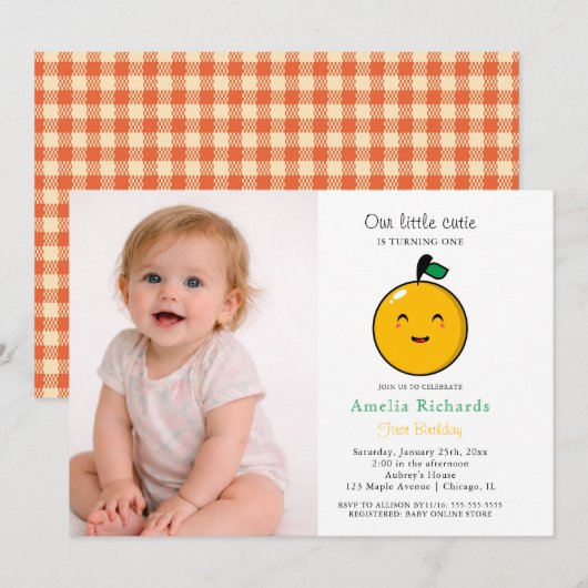  Little Cutie Orange Citrus 1st Birthday  招待状 (正面/裏面)