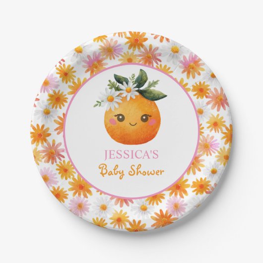 Little Cutie Orange Fruit with Daisies Baby Shower ペーパープレート (正面)