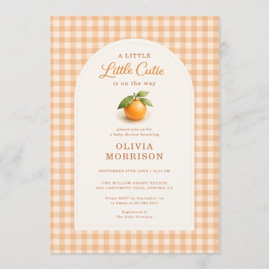 Little Cutie Orange Gingham Baby Shower 招待状 (正面)
