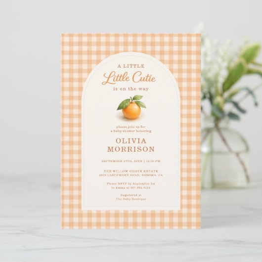 Little Cutie Orange Gingham Baby Shower 招待状 (スタンド正面)