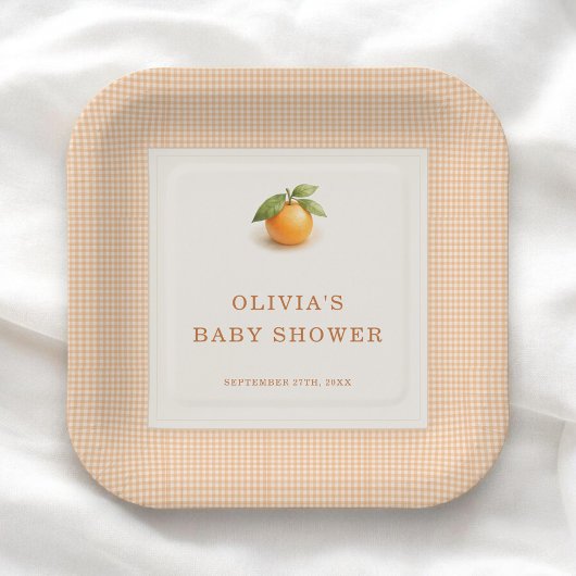 Little Cutie Orange Gingham Baby Shower Party ペーパープレート