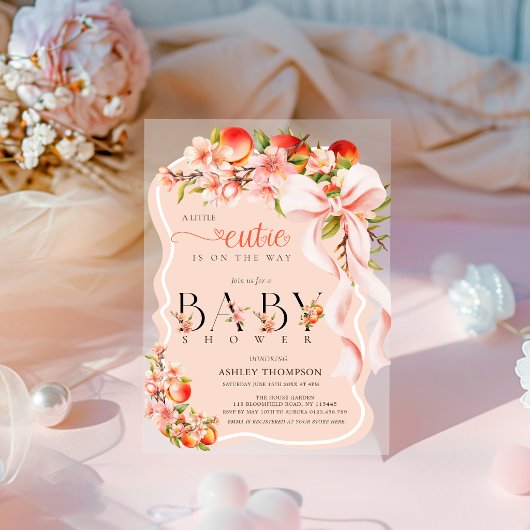 Little Cutie Peach Floral Bow Acrylic Baby Shower アクリル招待状