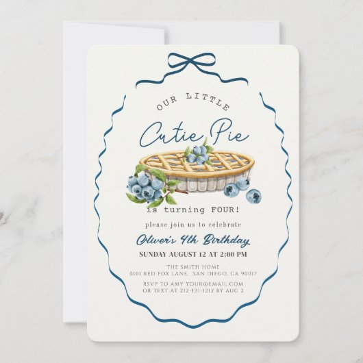 Little Cutie Pie Blueberry Blue Bow Birthday 招待状 (正面)