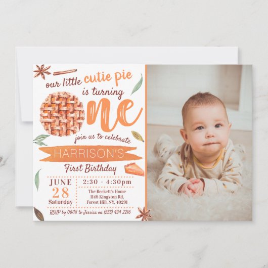 Little Cutie Pie Fall Photo 1st Birthday 招待状 (正面)